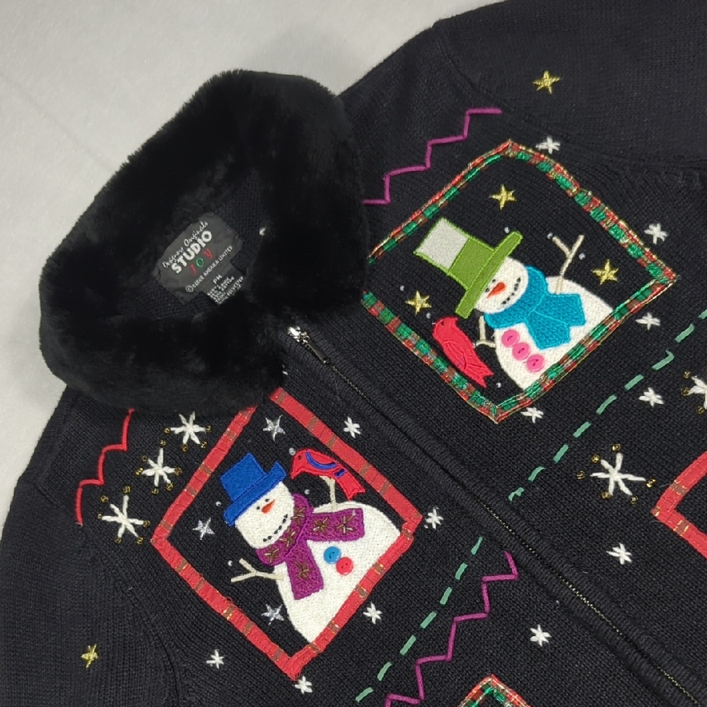 Vintage Studio Joy‎ Full Zip Fur Collar Cardigan Winter Snowman Size Petite Med